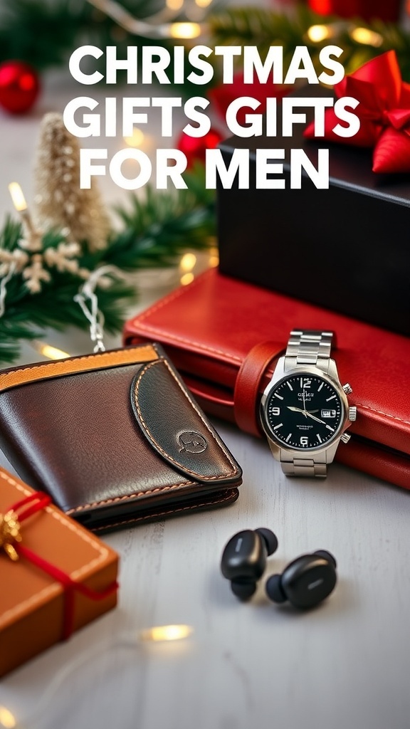 Stylish Christmas gifts for men including a wallet, watch, and earbuds on a festive background.